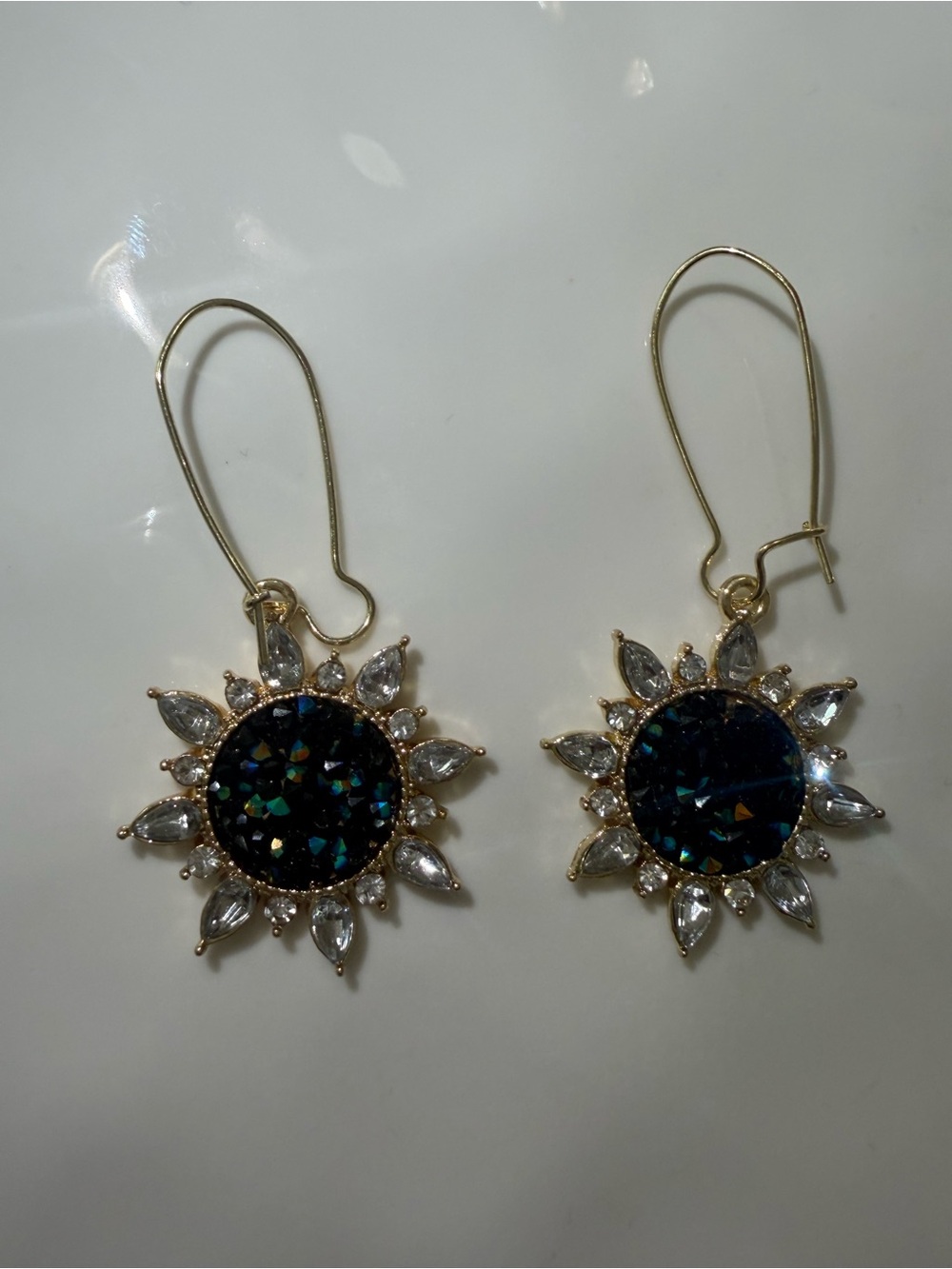 New sunburst earrings with clear rhinestones and gold accents #sunburst #rhinest